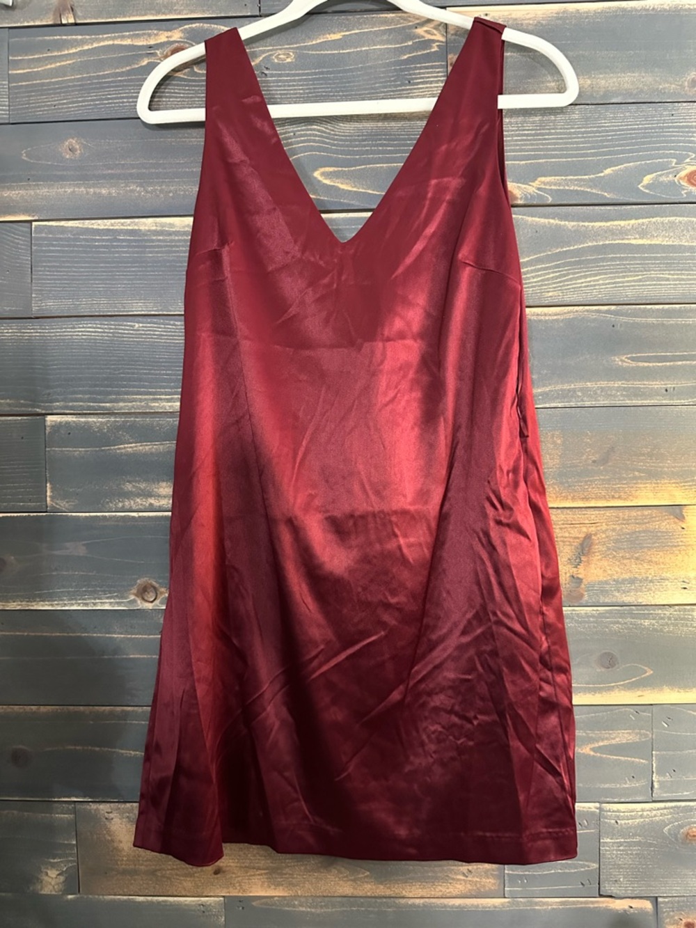 Wayf Burgundy Satin V-Neck Dress with Bow on the back